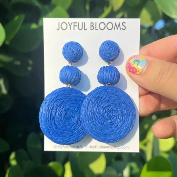 🎈4 LISTINGS FOR $20!! Raffia Drop Earrings | blue dangle round earrings - Picture 1 of 7